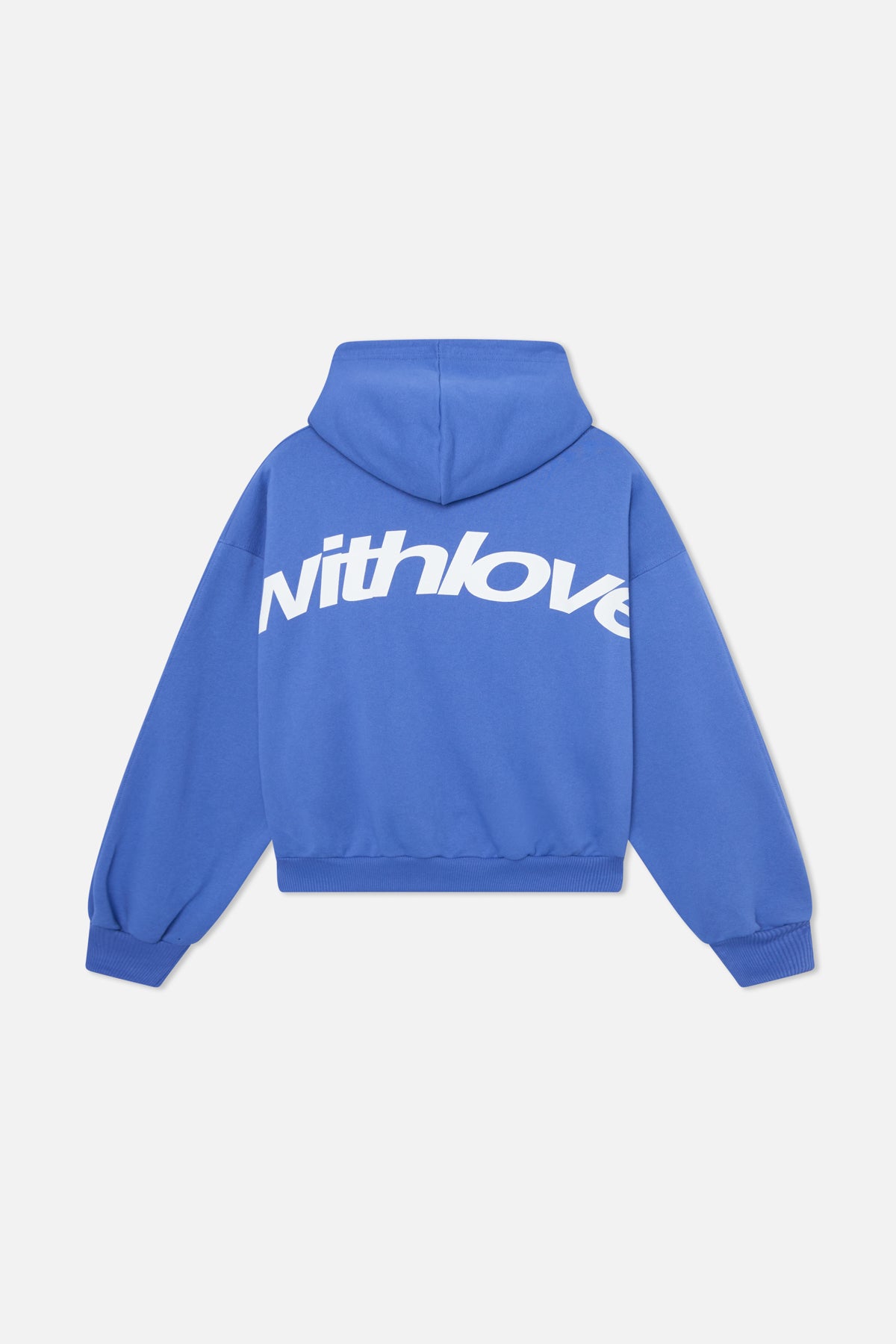 Sudadera con capucha azul con letrero